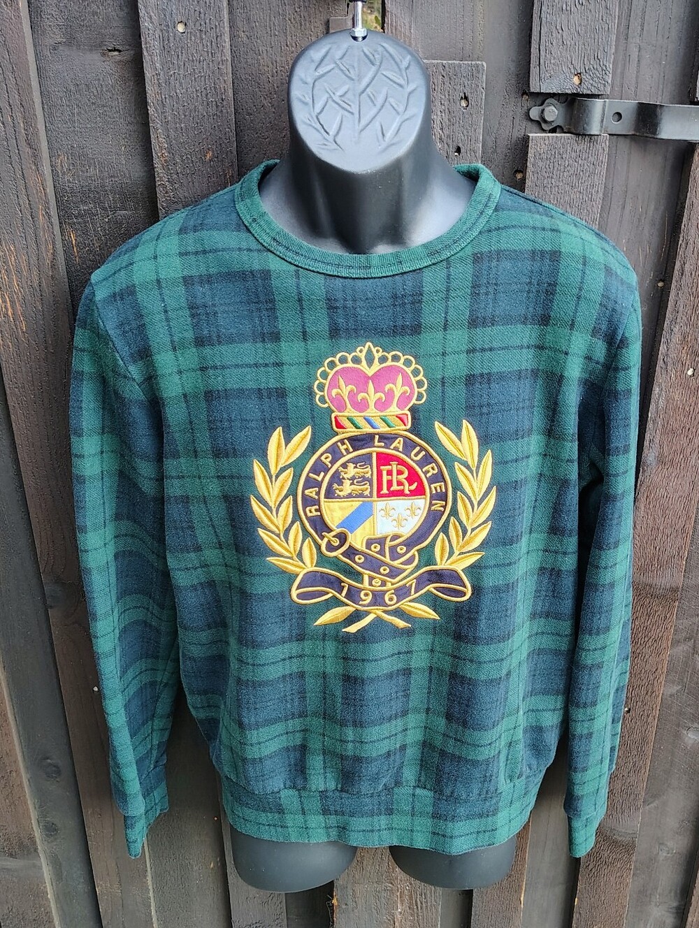 Ralph Lauren Green and Navy Plaid Crewneck with Gold Crest